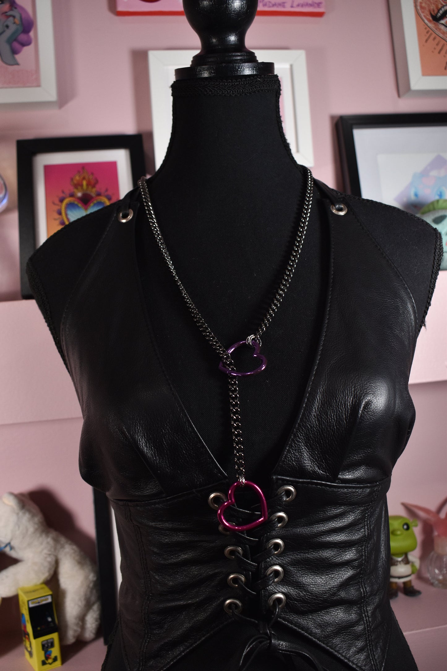 Half And Half Gunmetal + Hot Pink/ Purple Heart Ring Slip Chain