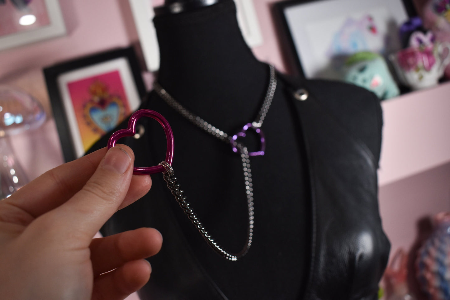 Half And Half Gunmetal + Hot Pink/ Purple Heart Ring Slip Chain