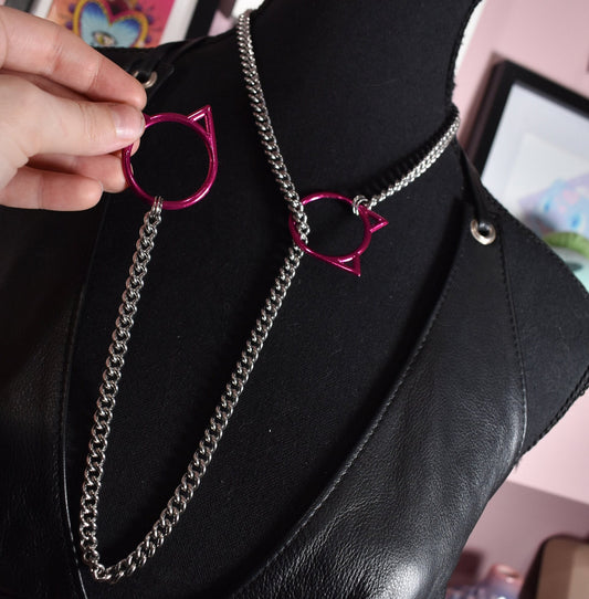 Silver + Hot Pink Kitty Ring Slip Chain