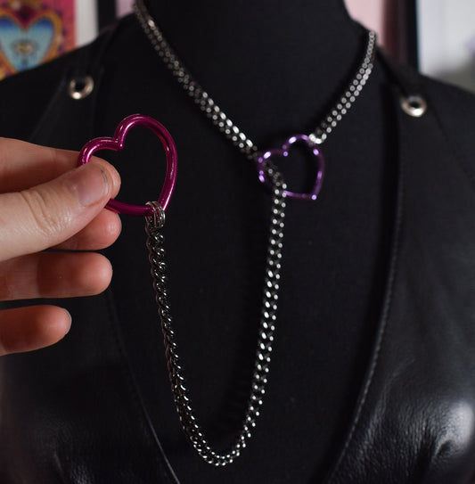 Half And Half Gunmetal + Hot Pink/ Purple Heart Ring Slip Chain